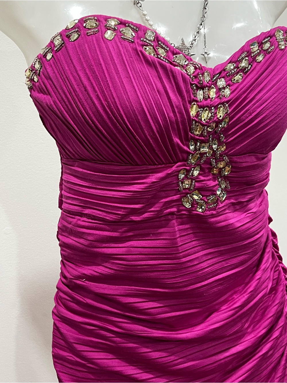 Strapless Ruched Fuchsia Cocktail Dress with Rhinestone Accent - Picture 3 of 6